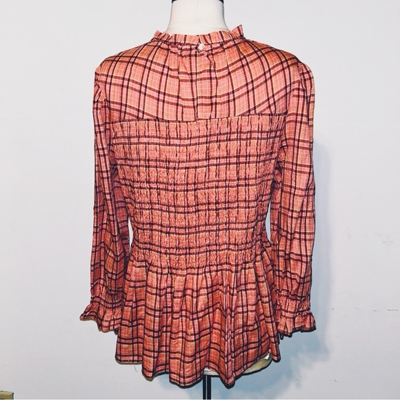 Fall Orange Plaid Shimmer High Neck Smocked Peplum Top Cato NEW - Picture 2 of 3
